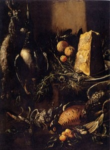 BARTOLOMEO ARBOTORI Natura morta con cacciagione e un pezzo di parmigiano